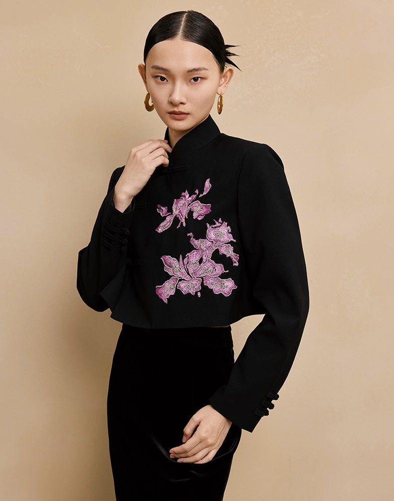 HECO Hanfu wool blazer iris embroidered  long sleeve TOP - KEEP.