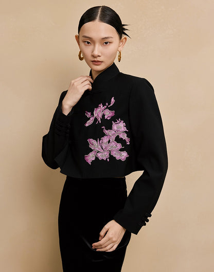 HECO Hanfu wool blazer iris embroidered  long sleeve TOP - KEEP.