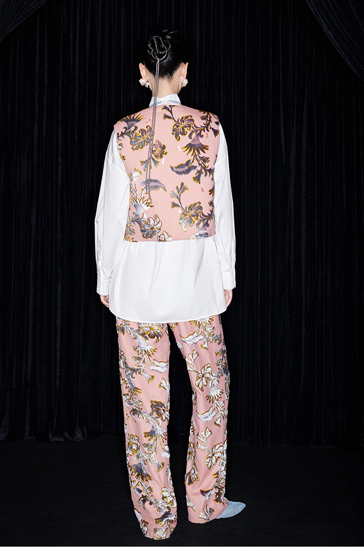 M essential Mackay designer blue velvet atelier beaded down vest - Nami.