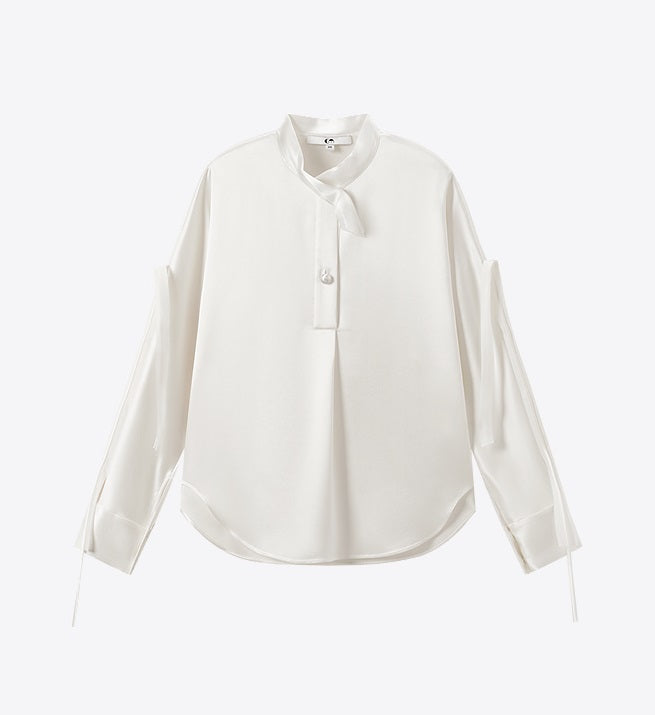 COMME MOI Lu Yan Designer New Women's Half Placket Strip Top Satin Shirt - SAINTS .