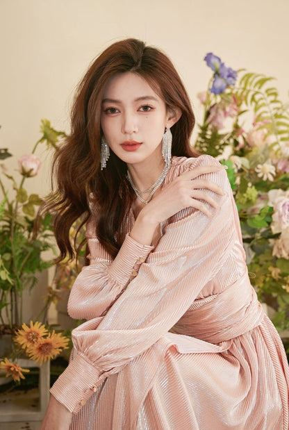 DOLLY Elegant Peach V-Neck Long Puff Sleeve High Waist Long Flowing Guest Dress-BESTY