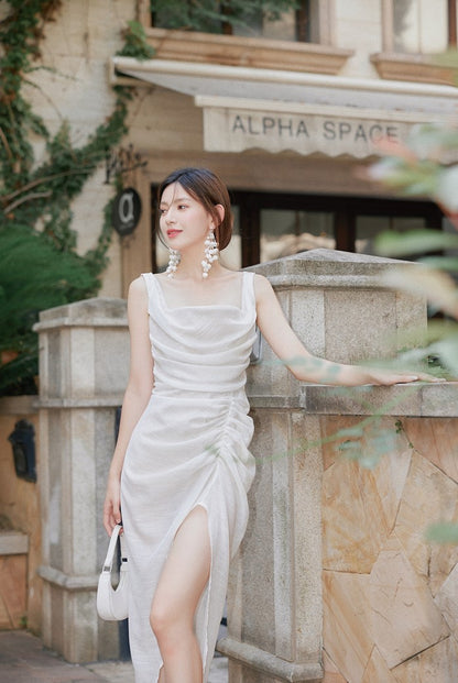 DOLLY High End White Retro Style Sleeveless Long Pleated Slit Cocktail Dress-SARAI