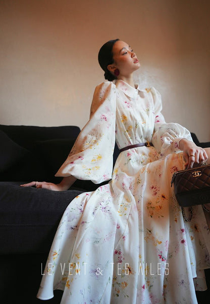 LE VENT&TES AILES Luxury summer vacation floral print Fancy Midi Dress-ZOE