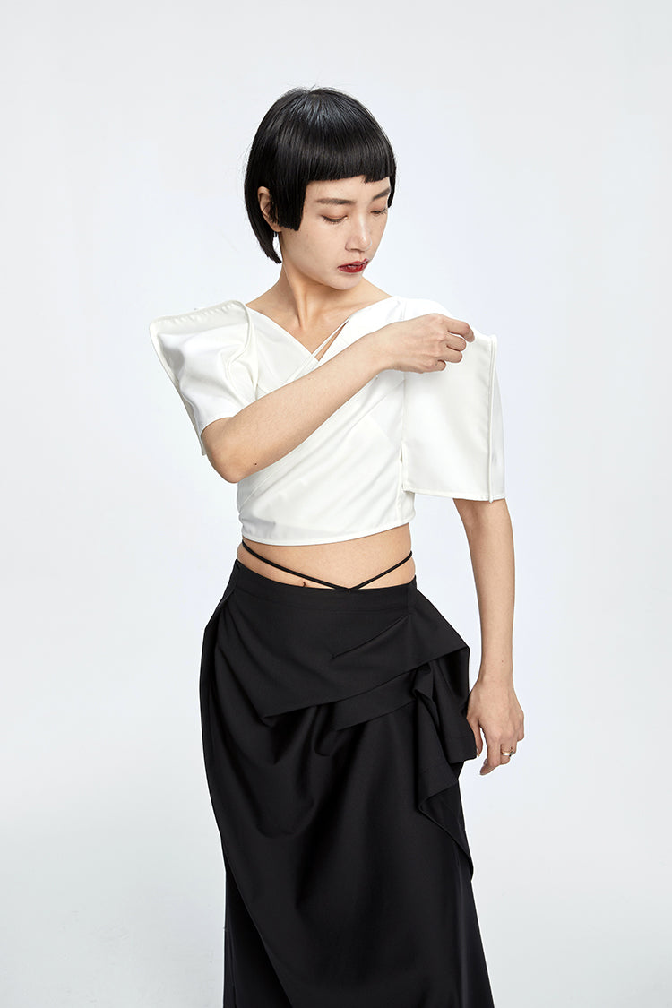 Tiny in three-dimensional square sleeve cross collar tie irregular shirt top women's short -CAM