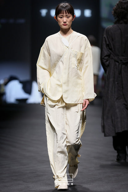 TUYUE White Linen Shell Buckle Silhouette Long Sleeve Shirt - FRANK.