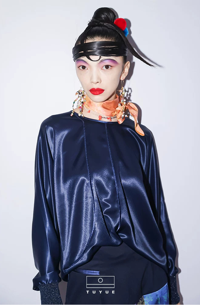 TUYUE blue acetate-trimmed satin long-sleeved top- CAROLINE