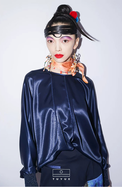 TUYUE blue acetate-trimmed satin long-sleeved top- CAROLINE