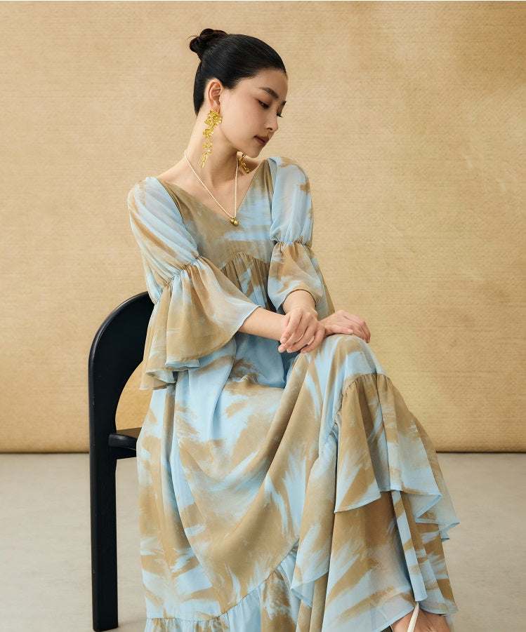 HECO Chinese V-neck wavy sleeve summer big resort dress - AMAZE .