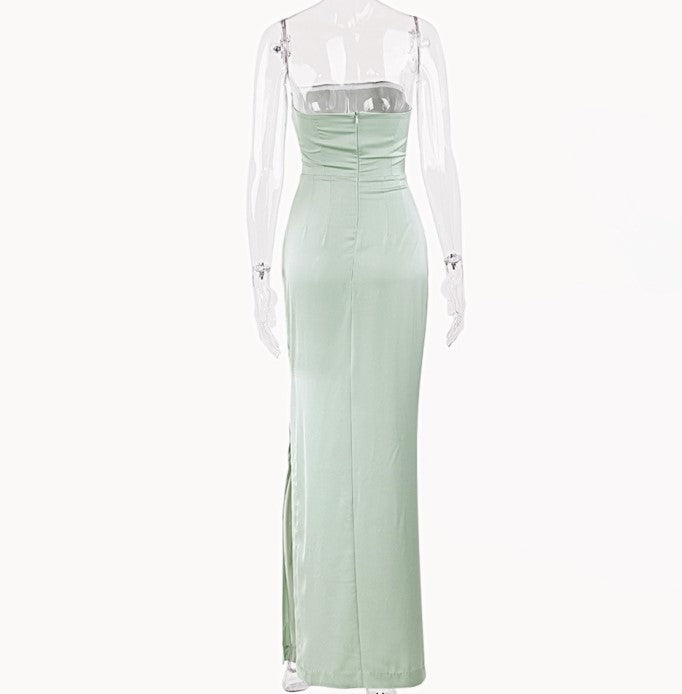 DOLLY Luxury Mint Green Sleeveless Off Shoulder Chest Wrap Long Slit Dinner Dress-CAT