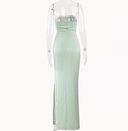 DOLLY Luxury Mint Green Sleeveless Off Shoulder Chest Wrap Long Slit Dinner Dress-CAT