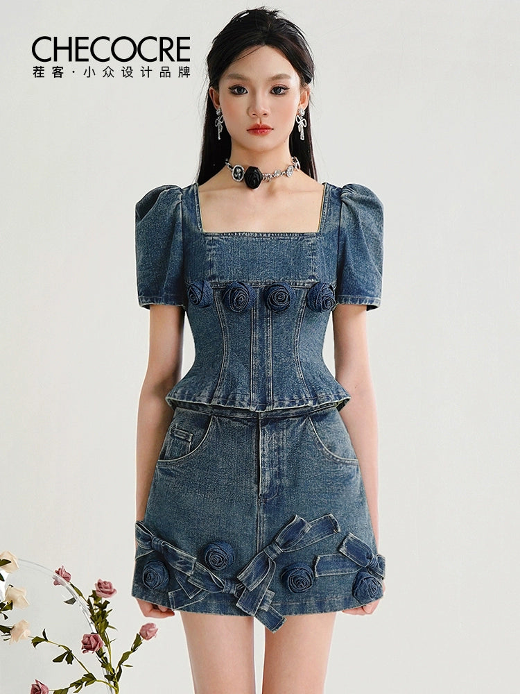 CHECOCRE Stubble Sweet Cool Girly Suit Hakama Denim Skirt Set- INDEFIN