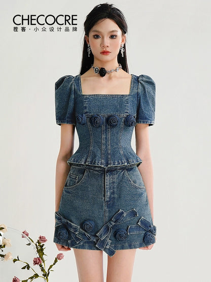 CHECOCRE Stubble Sweet Cool Girly Suit Hakama Denim Skirt Set- INDEFIN
