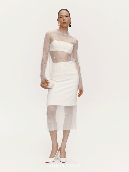 ATELIER MISS LU pearl embellishment see-through heavy yarn top - EMMA.