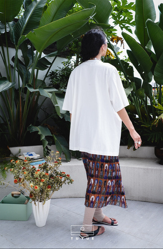 TUYUE Mural print pleated high waisted midi skirt- ANDANA.