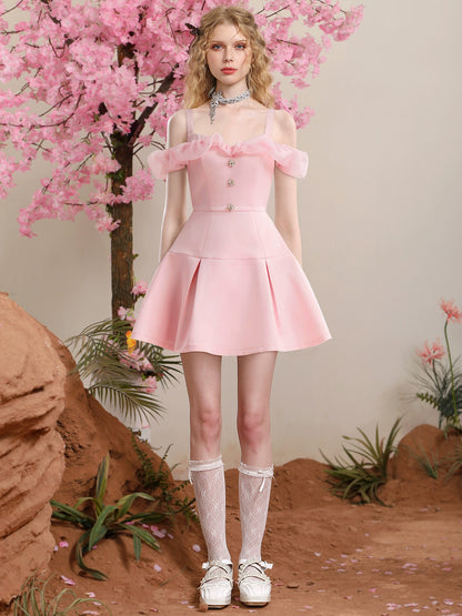 CHECOCRE Stubble sweet temperament style pink satin organza dress - EMA.