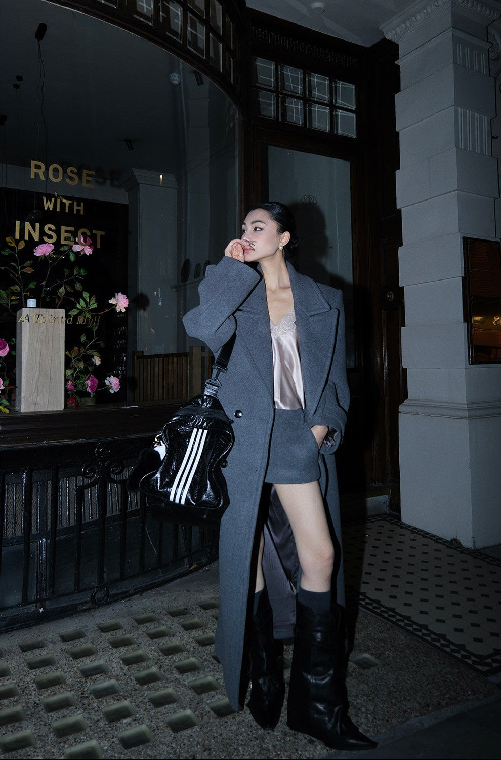 MEI SANGUAN gray double-breasted lace-up woolen jacket - CLARA