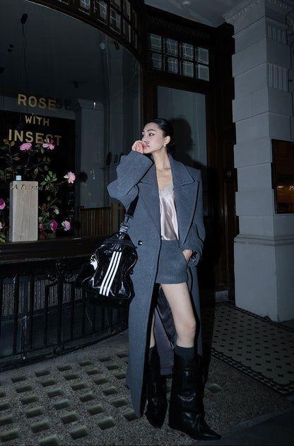 MEI SANGUAN gray double-breasted lace-up woolen jacket - CLARA