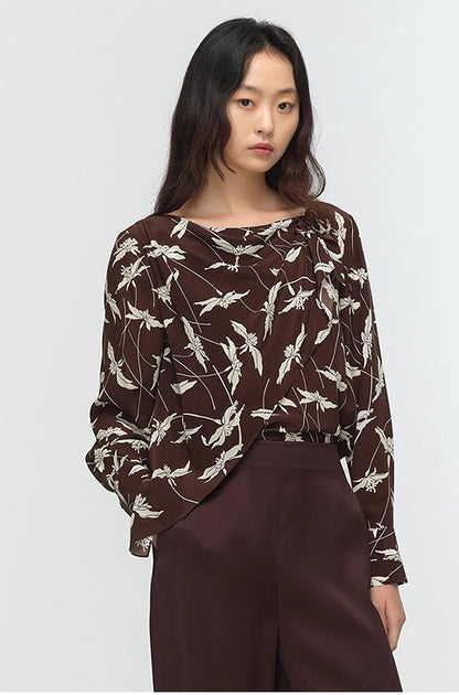 COMME MOI Lu Yan Designer New Women's Retro Printed One-Line Collar Silk Shirt - PRIDE.