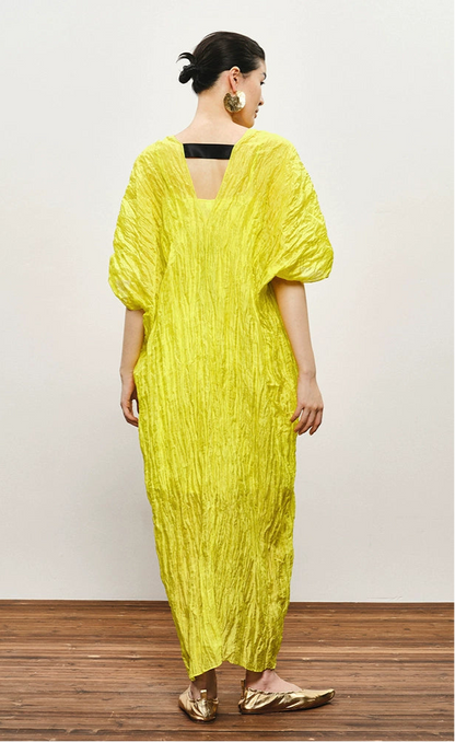 ZHUCHONGYUN yellow pleated dropped shoulder silhouette dress-MIKESE.