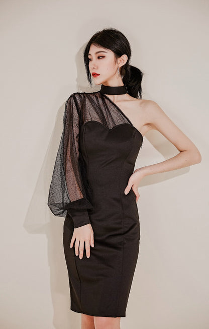 DOLLY Elegant Black One Shoulder Mesh Puff Long Sleeve Slim Fit Dinner Dress-AGNES