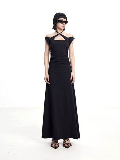 TINY IN cross-neck pleated knit maxi black dress-AYA