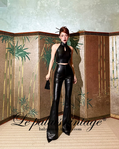 Le Palais Vintage High End Black Leather New Chinese Top + High-waisted Hip Leather Flared Pants-Zhuri.