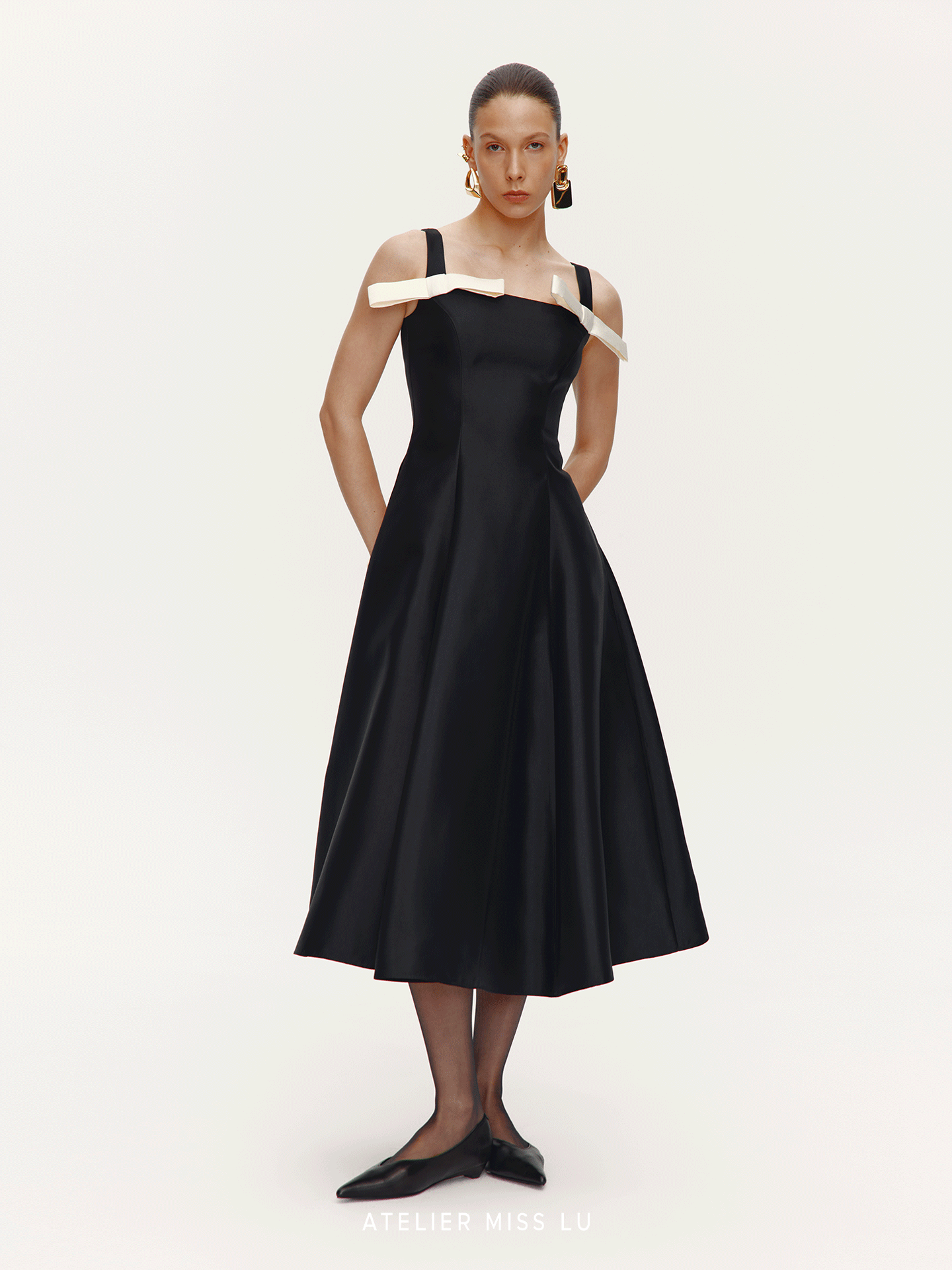ATELIER MISS LU  Contrasting Bow Splicing Dress Long Skirt - MARTA.