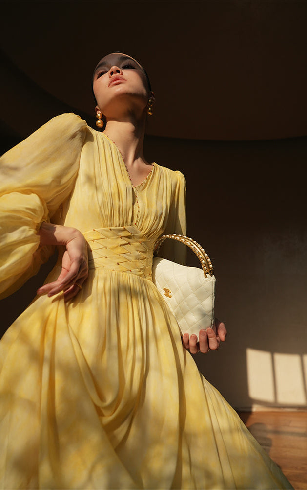 LE VENT&TES AILES 100% Silk French Haute Smudge V-Neck midi yellow Dress - FAYE