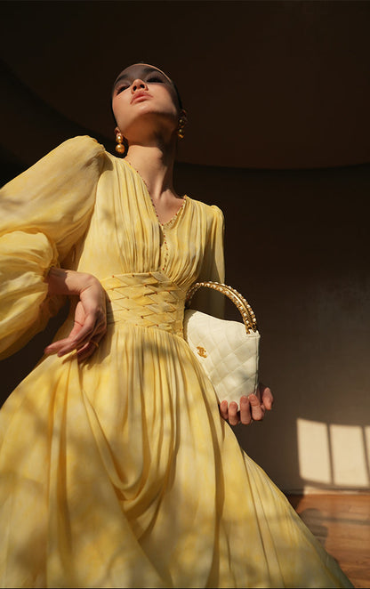 LE VENT&TES AILES 100% Silk French Haute Smudge V-Neck midi yellow Dress - FAYE