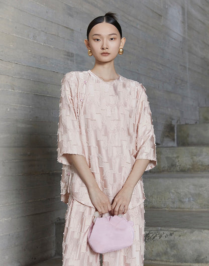 HECO Round Neck Square Tassel Design Texture Shirt Top Women - reign.