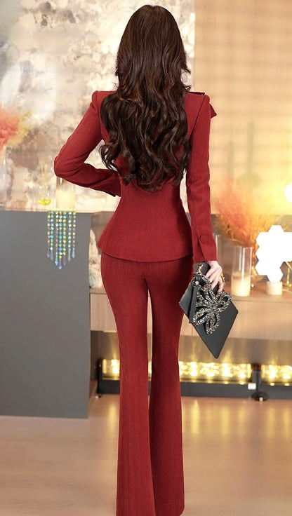 VJE Three-dimensional Flower Top Flared Pants Two-Piece Irregular Suit-LIMI.