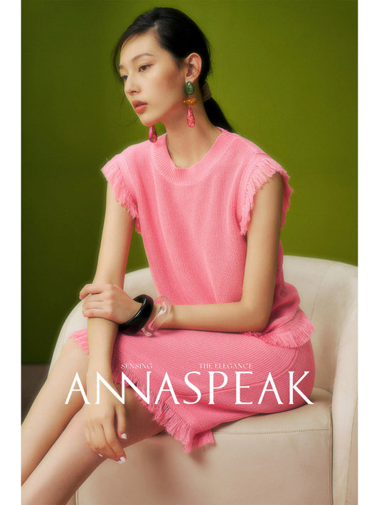AnnaSpeak Elegant Plain Round Neck Short Sleeve Top/ Straight Hip Skirt-Coral
