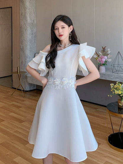 DOLLY Elegant White Slant Collar Short Ruffle Sleeves Midi A-Line Dinner Dress-CRYSTA
