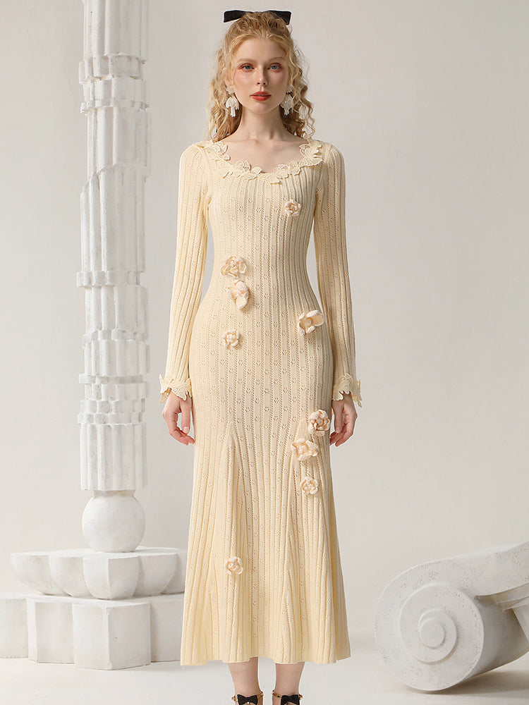 CHECOCRE Elegant Autumn Crochet Hollow Wool Slim Fishtail Long Dress- MARK