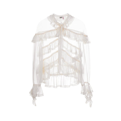 FAME Ruffle Collar Embroidered Trim Layered Mulberry Silk Top - JASON.
