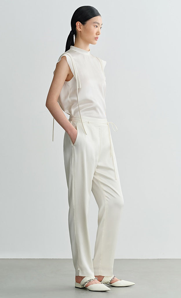 COMME MOI Lv Yan designer summer sleeveless stand collar triple acetate satin top - MEADOW.