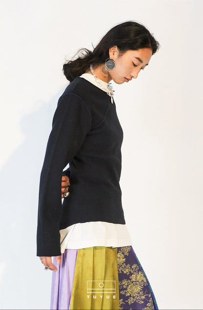 TUYUE Wool Crew Neck Shoulder Knitted Long Sleeve Top - JOYCE.