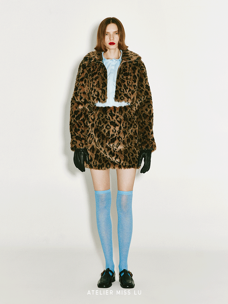 ATELIER MISS LU faux fur zip-up leopard print short coat - AURORA