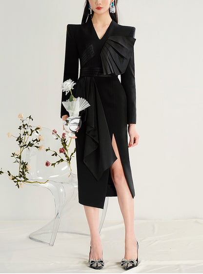 CHECOCRE Classy Design Sense Slit Temperament Elegant Black Suit Dress - ENYA