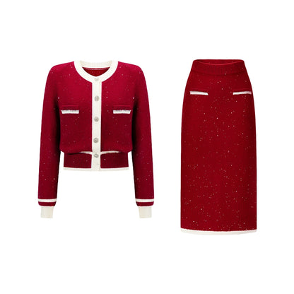 CHICHY classic red knitted cardigan half-length skirt two-piece set-BEN