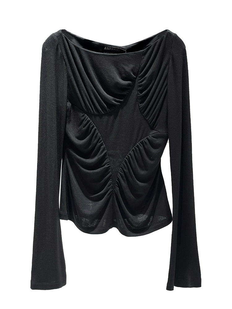ANNAKIKI BLACK FOUR-POINTED STAR RUFFLED SLIM TOP-YUTO