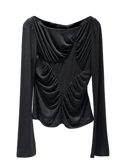 ANNAKIKI BLACK FOUR-POINTED STAR RUFFLED SLIM TOP-YUTO