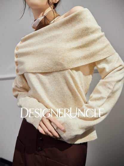 DGU| Dark gray knitted striped slanted shoulder buttons loose design pullover top - Joseph.