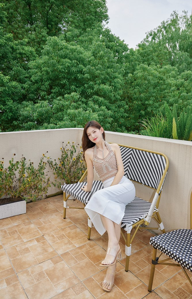 DOLLY High End V-Neck Sleeveless Halter Neck Pearl Body Hug Long Party Dress-CHARMAINE