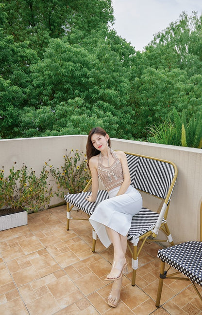 DOLLY High End V-Neck Sleeveless Halter Neck Pearl Body Hug Long Party Dress-CHARMAINE