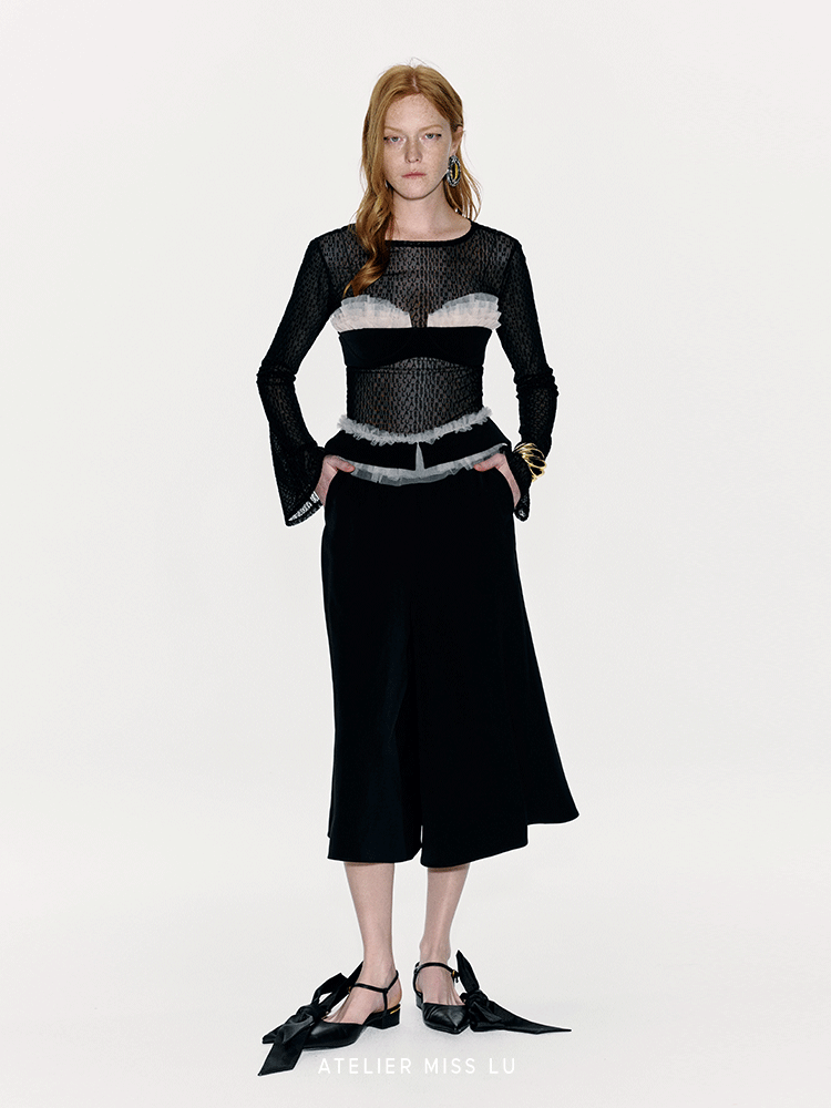 ATELIER MISS LU Waist Tulle Panel Design Wide Leg Pants - ARINA