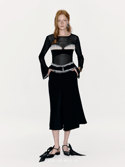 ATELIER MISS LU Waist Tulle Panel Design Wide Leg Pants - ARINA