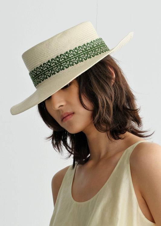 COMME MOI Lv Yan Designer Summer Women's Green Flower Fabric Ribbon Straw Hat - CLAIRE.