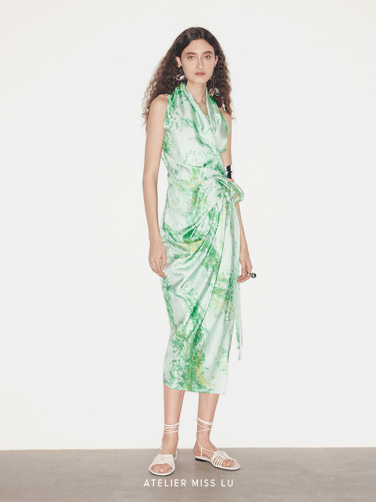 ATELIER MISS LU Spring Summer Printed Mulberry Silk Wrap Dress - HONOR.