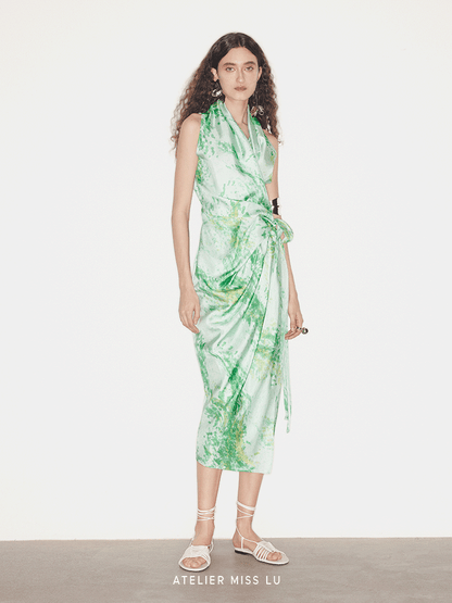 ATELIER MISS LU Spring Summer Printed Mulberry Silk Wrap Dress - HONOR.
